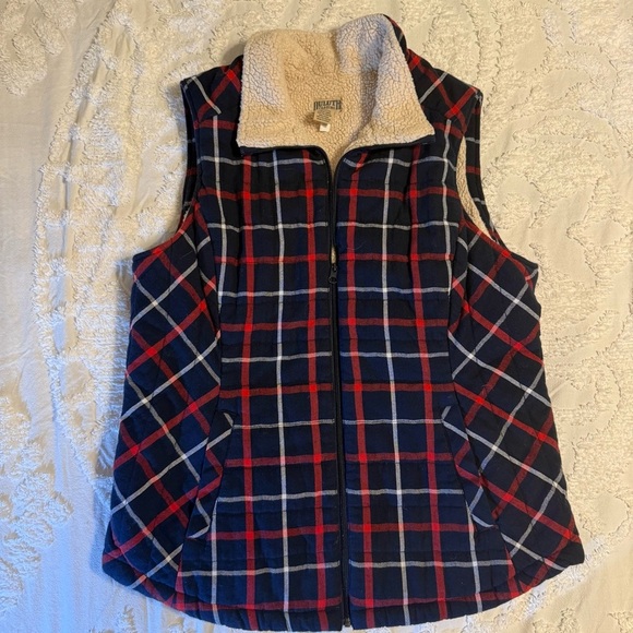 Duluth Trading Co Cream Fleece Vest size Large Red/ Blue A24 - Picture 2 of 10